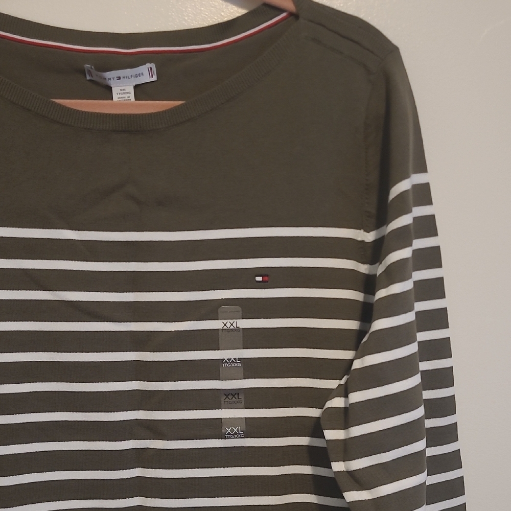 Tommy Hilfiger Olive and White Striped Sweatshirt - Picture 2 of 7